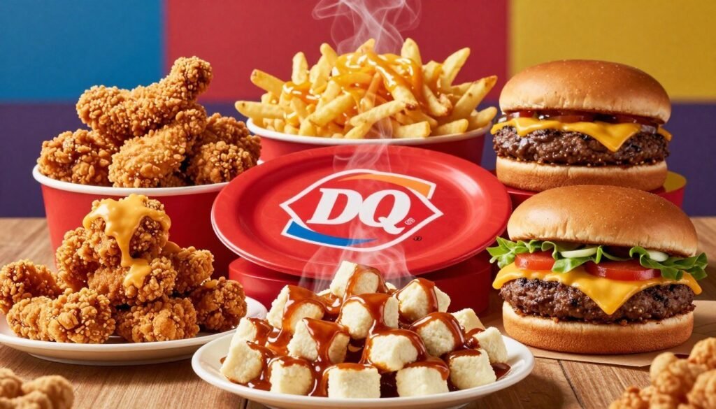 A beautifully arranged display of Dairy Queen's savory secret menu options, featuring a variety of mouthwatering items such as crispy chicken strips, loaded, cheesy fries, and a juicy flame-grilled cheeseburger topped with fresh condiments. In the foreground, a plate of delectable Chili Cheese Curds is showcased, accentuated by steam rising from the warm food. The middle layer reveals a glossy red DQ logo plate, creating a vivid backdrop with enticing menu items elegantly positioned around it. The background is softly blurred, with hints of vibrant Dairy Queen colors. The lighting is warm and inviting, capturing the delicious textures and colors of the food. The overall mood is inviting and appetizing, ideal for enticing readers to explore the savory options at Dairy Queen. A beautifully arranged display of Dairy Queen's savory secret menu options, featuring a variety of mouthwatering items such as crispy chicken strips, loaded, cheesy fries, and a juicy flame-grilled cheeseburger topped with fresh condiments. In the foreground, a plate of delectable Chili Cheese Curds is showcased, accentuated by steam rising from the warm food. The middle layer reveals a glossy red DQ logo plate, creating a vivid backdrop with enticing menu items elegantly positioned around it. The background is softly blurred, with hints of vibrant Dairy Queen colors. The lighting is warm and inviting, capturing the delicious textures and colors of the food. The overall mood is inviting and appetizing, ideal for enticing readers to explore the savory options at Dairy Queen.