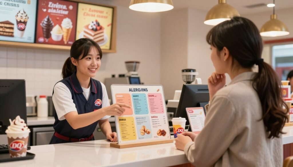 A cozy Dairy Queen interior featuring a welcoming ordering area. In the foreground, a friendly employee, dressed in a neat Dairy Queen uniform, attentively interacts with a customer, pointing to a colorful allergen menu displayed prominently on the counter. The customer, wearing casual, modest clothing, looks engaged and thoughtful. In the middle, the vibrant menu includes icons for common allergens like nuts, dairy, and gluten, designed clearly and colorfully for easy reading. Soft, warm lighting emanates from overhead fixtures, enhancing a relaxed, safe atmosphere. In the background, shelves filled with ice cream cakes and promotional posters showcase Dairy Queen’s classic treats, creating a cheerful, inviting environment, perfect for families. Overall, the scene conveys a sense of care and awareness for customers with food allergies.