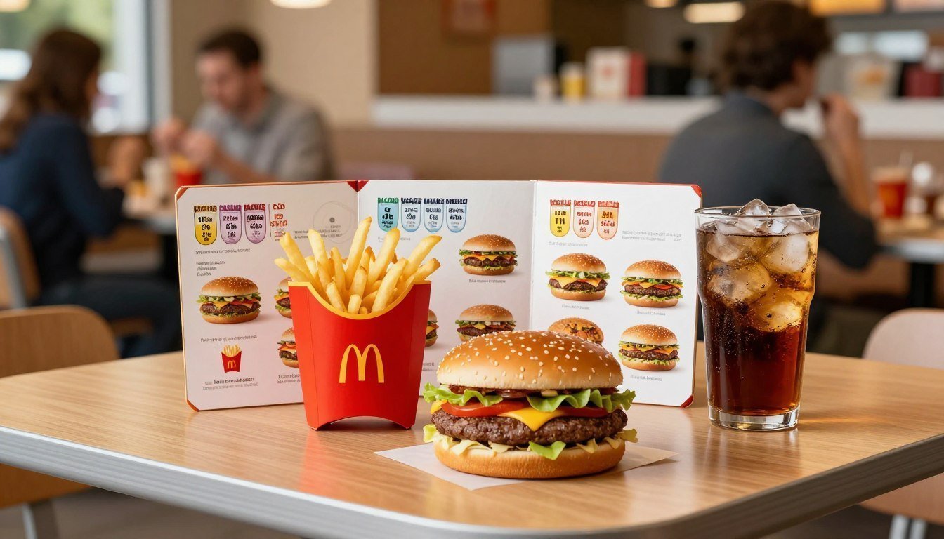 A detailed, colorful display of McDonald's Value Menu items arranged on a glossy, modern wooden table. In the foreground, a freshly prepared small burger, crispy fries in a red carton, and a refreshing drink with ice, glistening under soft, natural lighting. In the middle ground, neatly placed nutritional information cards for each item, showcasing calories and key nutrients, designed in a clean, simple style. The background features a warm, inviting McDonald's restaurant interior, with blurred patrons enjoying their meals, creating a vibrant and casual atmosphere. The image should feel informative yet appetizing, capturing the essence of fast food dining while maintaining a professional and engaging look.
