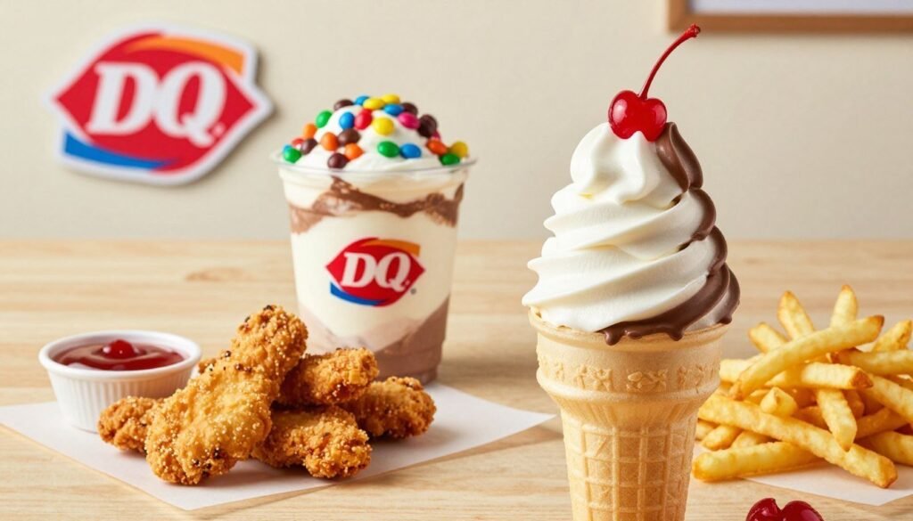 A vibrant and appetizing display of a Dairy Queen food menu, showcasing a variety of iconic offerings. In the foreground, prominently feature a rich, creamy soft serve ice cream cone with a swirl of chocolate and a cherry on top. Beside it, a classic Blizzard cup with colorful candies mixed in, creating an enticing cross-section. In the middle ground, include crispy chicken strips with a side of dipping sauce and a serving of hot, golden French fries. The background should have a clean, light-colored wooden table with a soft-focus Dairy Queen sign, enhancing the warm, inviting atmosphere. Soft, natural lighting highlights the textures of the food, giving a mouth-watering appeal, while a slight angle captures the delicious spread in an engaging way.
