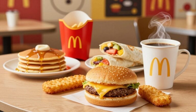 A vibrant and inviting McDonald's breakfast scene set on a warm wooden table. In the foreground, showcase a golden and fluffy Egg McMuffin, a crisp hash brown, and a steaming cup of freshly brewed coffee, all artfully arranged. In the middle, include a variety of colorful breakfast options such as pancakes drizzled with syrup, a bright fruit cup, and a decadent breakfast burrito, enticingly presented. The background features a cozy McDonald's restaurant ambiance with soft, warm lighting that highlights the food, and playful, subtle hints of the restaurant's iconic red and yellow theme. Capture the scene from a slightly elevated angle to emphasize the appetizing arrangement and create a welcoming, cheerful mood that embodies the joy of customizing one's breakfast experience at McDonald's.
