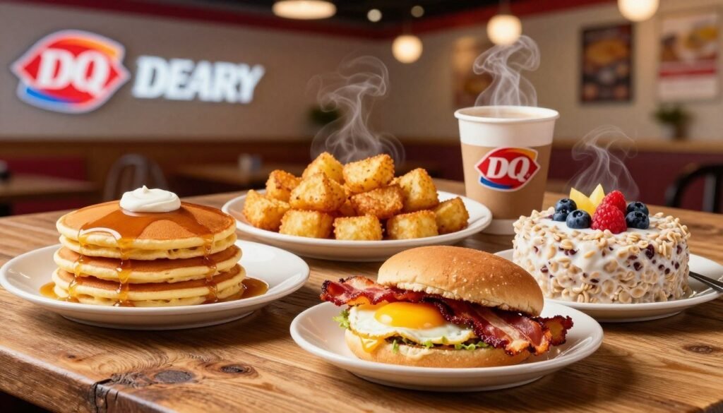 A well-organized, visually appealing Dairy Queen breakfast spread displayed on a rustic wooden table. In the foreground, highlight a colorful assortment of breakfast items, such as fluffy pancakes with syrup, a breakfast sandwich with crispy bacon and eggs, and creamy oatmeal topped with fresh fruit. The middle ground features a vibrant, neatly arranged plate showcasing hash browns and coffee, steaming gently. In the background, softly blurred imagery of faintly lit Dairy Queen branding and an inviting restaurant setting, with cozy seating and warm lighting that creates a welcoming atmosphere. The scene captures the essence of a nutritious breakfast experience, emphasizing freshness and wholesome ingredients. The lighting is warm, evoking a cozy morning feel, with a slight top-down angle for depth.