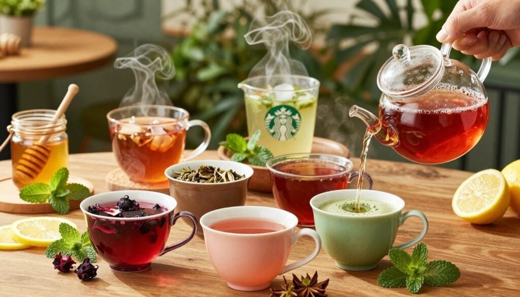 A beautifully arranged display of various Starbucks tea flavors in an elegant setting. In the foreground, a clear glass teapot is pouring vibrant, steaming herbal tea into colorful ceramic cups, showcasing flavors like hibiscus, chai, and matcha. The middle layer features an inviting wooden table adorned with fresh green mint leaves, slices of lemon, and honey jars, emphasizing the natural ingredients. In the background, soft-focus lush greenery and cozy café ambiance create a warm atmosphere, illuminated by soft, natural lighting that enhances the colors of the teas. The overall mood is refreshing and soothing, reflecting health and wellness, perfect for showcasing the benefits of Starbucks tea options. Capture the scene from a slightly elevated angle to highlight the details beautifully.
