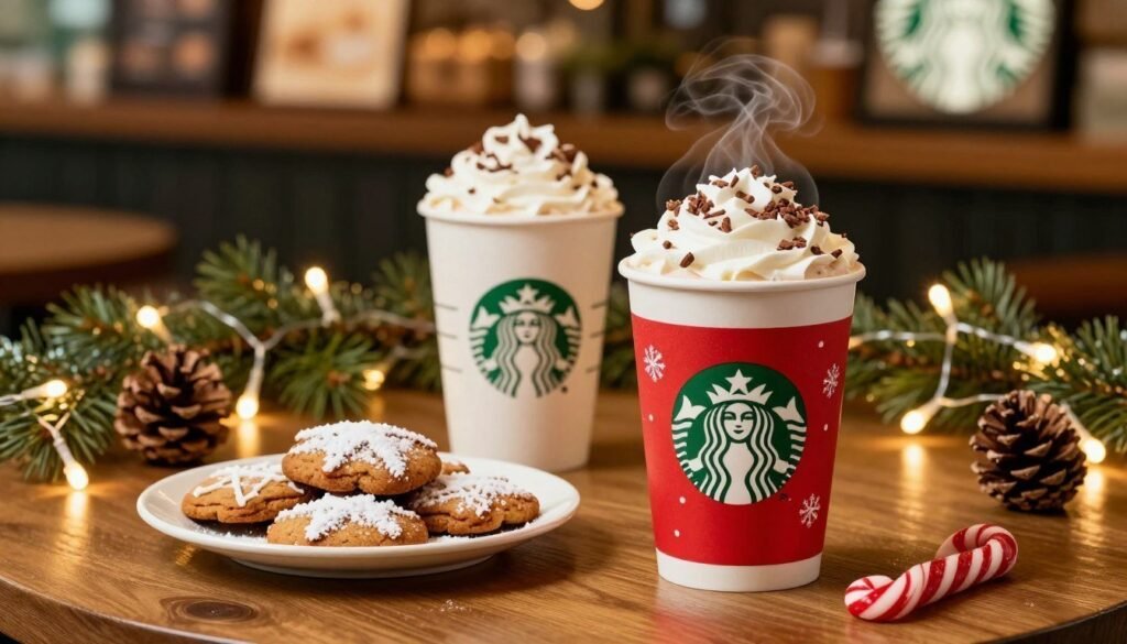 A cozy winter scene featuring a beautifully arranged table of Starbucks winter menu favorites. In the foreground, a steaming red holiday cup of peppermint mocha sits next to a festive plate of gingerbread cookies, dusted with powdered sugar. In the middle ground, a frothy white hot chocolate, topped with whipped cream and chocolate shavings, adds to the warmth of the image. Surrounding the drinks, twinkling fairy lights and pine cones create a charming holiday atmosphere. The background features a softly blurred Starbucks café interior, with warm ambient lighting casting a golden glow, enhancing the inviting vibe. The composition should have a warm color palette of reds, greens, and browns, evoking a cozy and festive feeling, perfect for winter. A cozy winter scene featuring a beautifully arranged table of Starbucks winter menu favorites. In the foreground, a steaming red holiday cup of peppermint mocha sits next to a festive plate of gingerbread cookies, dusted with powdered sugar. In the middle ground, a frothy white hot chocolate, topped with whipped cream and chocolate shavings, adds to the warmth of the image. Surrounding the drinks, twinkling fairy lights and pine cones create a charming holiday atmosphere. The background features a softly blurred Starbucks café interior, with warm ambient lighting casting a golden glow, enhancing the inviting vibe. The composition should have a warm color palette of reds, greens, and browns, evoking a cozy and festive feeling, perfect for winter.